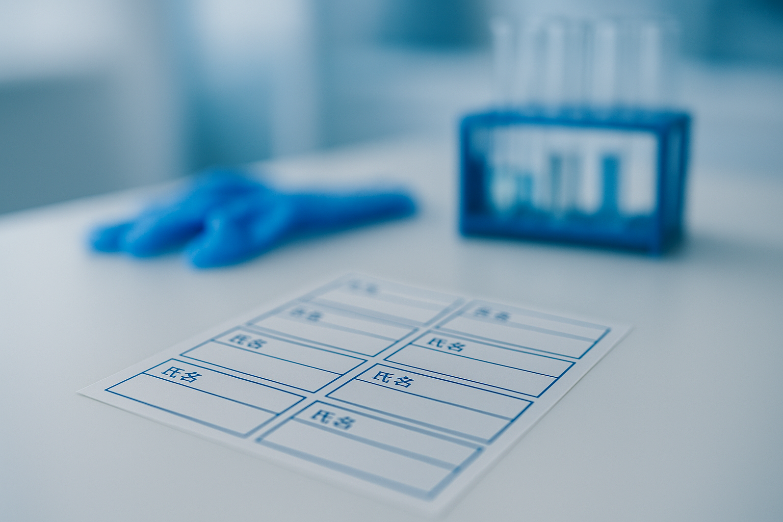 病院の検査室を想起させるキービジュアル。患者名ラベルのシートにピント、背景は試験管ラックと手袋がぼける構図